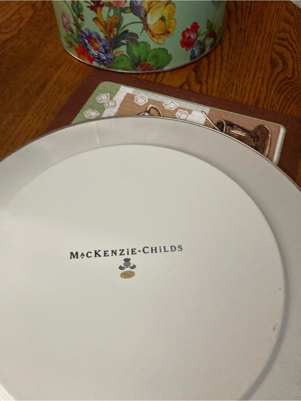 MacKenzie-Childs Floral Mint Cake Dome with Checker Plate